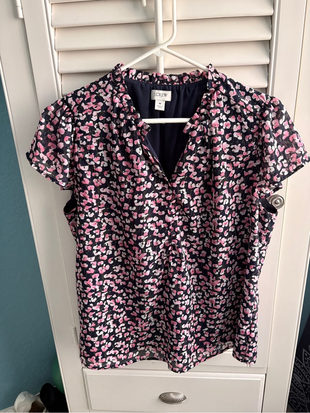 J. Crew Navy Floral Short-Sleeve Ruffle-Neck Blouse